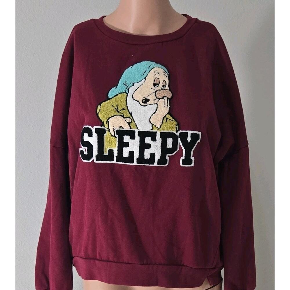 Disney Sleepy Burgundy Pullover Sweatshirt XXL Women Cotton Blend Embroidered